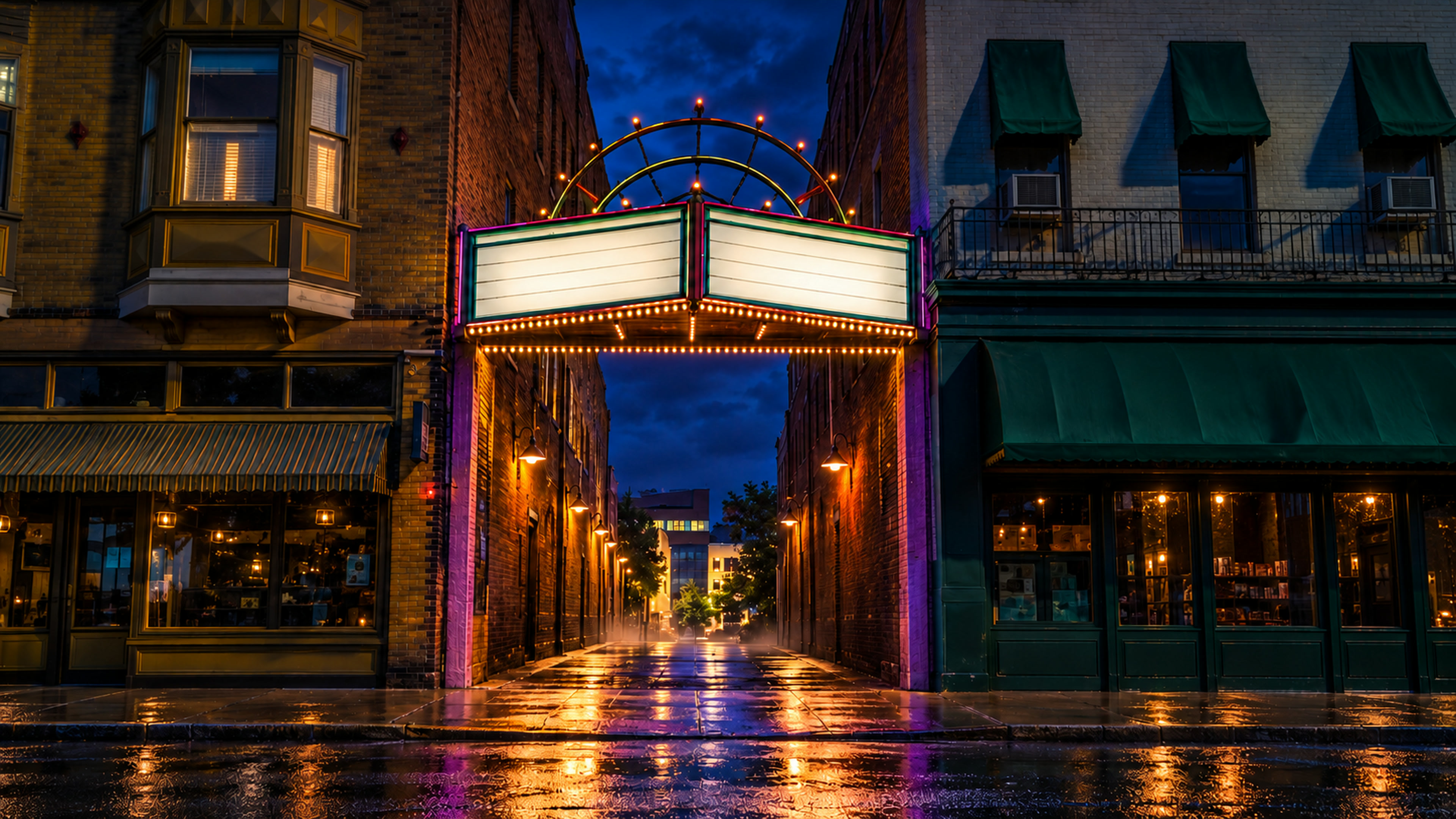 Maiden Alley in Paducah at night: wet street, warm storefront windows, a lit marquee over the alley entrance.